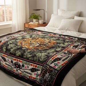 NovaTex Plush Blanket King Size Lion Animal Heavyweight Vintage Aprox 100”x80”